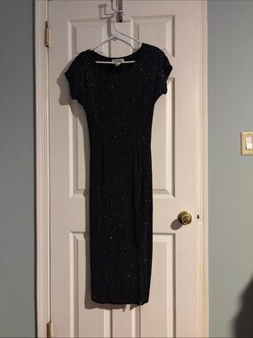 Susan Roselli Black Sparkle Short-Sleeve Midi Dress